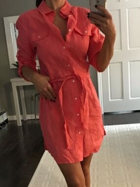 Island Company Pink Coral Shirt Dress with Waist Tie Roll Up Sleeve Size Small